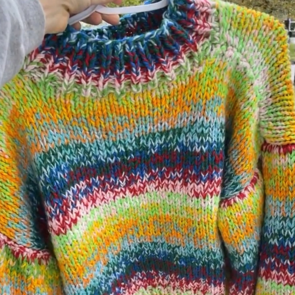 Rainbow hand knit cropped sweater, size medium